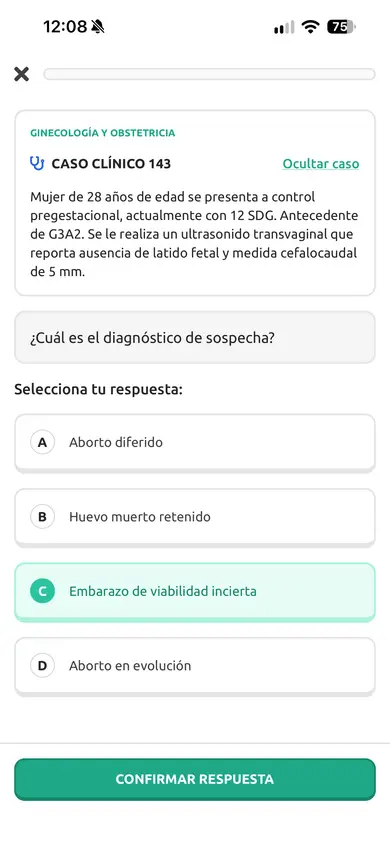 Pregunta de un caso clínico con sus opciones de respuesta